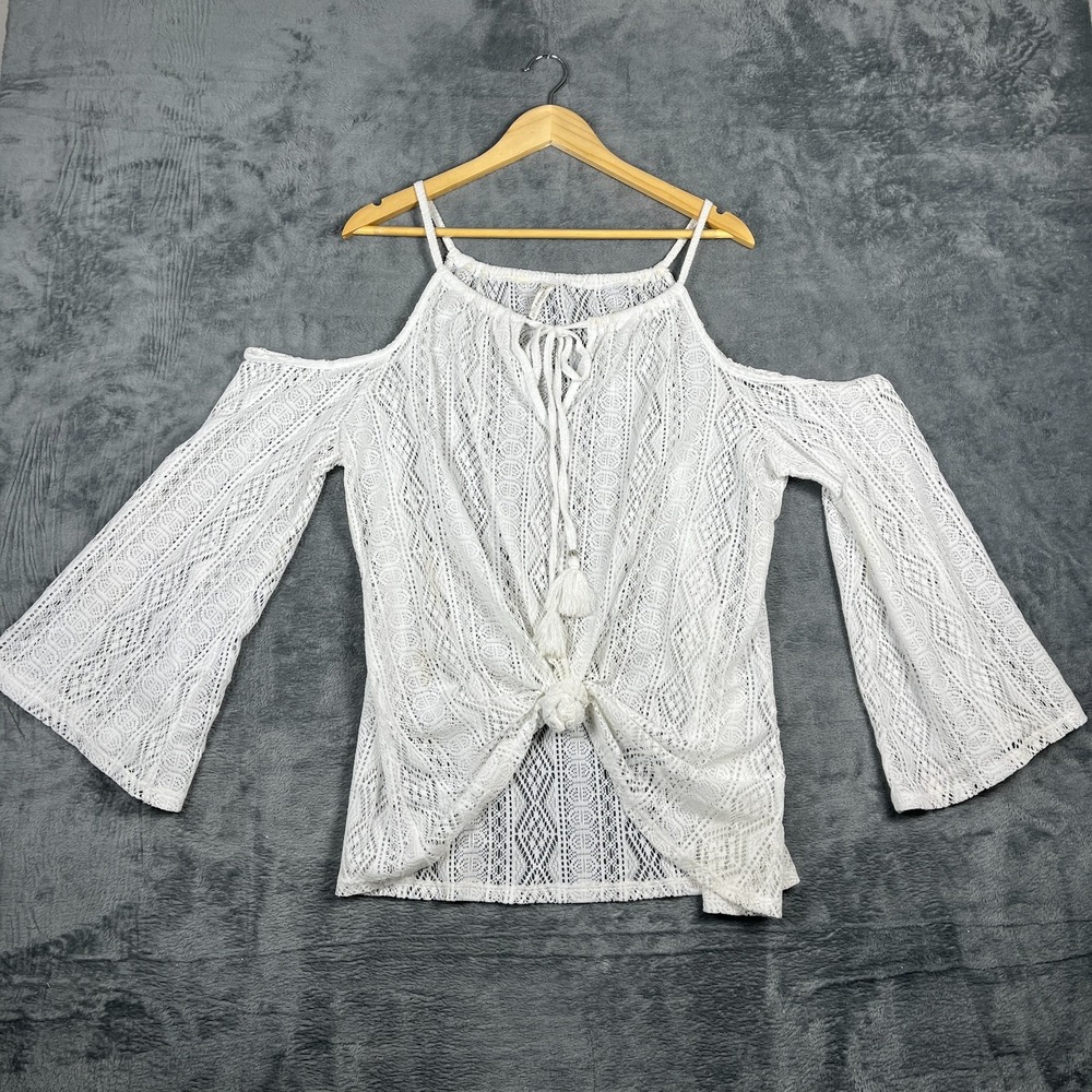 Francescas Swim Cold Shoulder Top Women Large White Crochet Detail Knotted Front